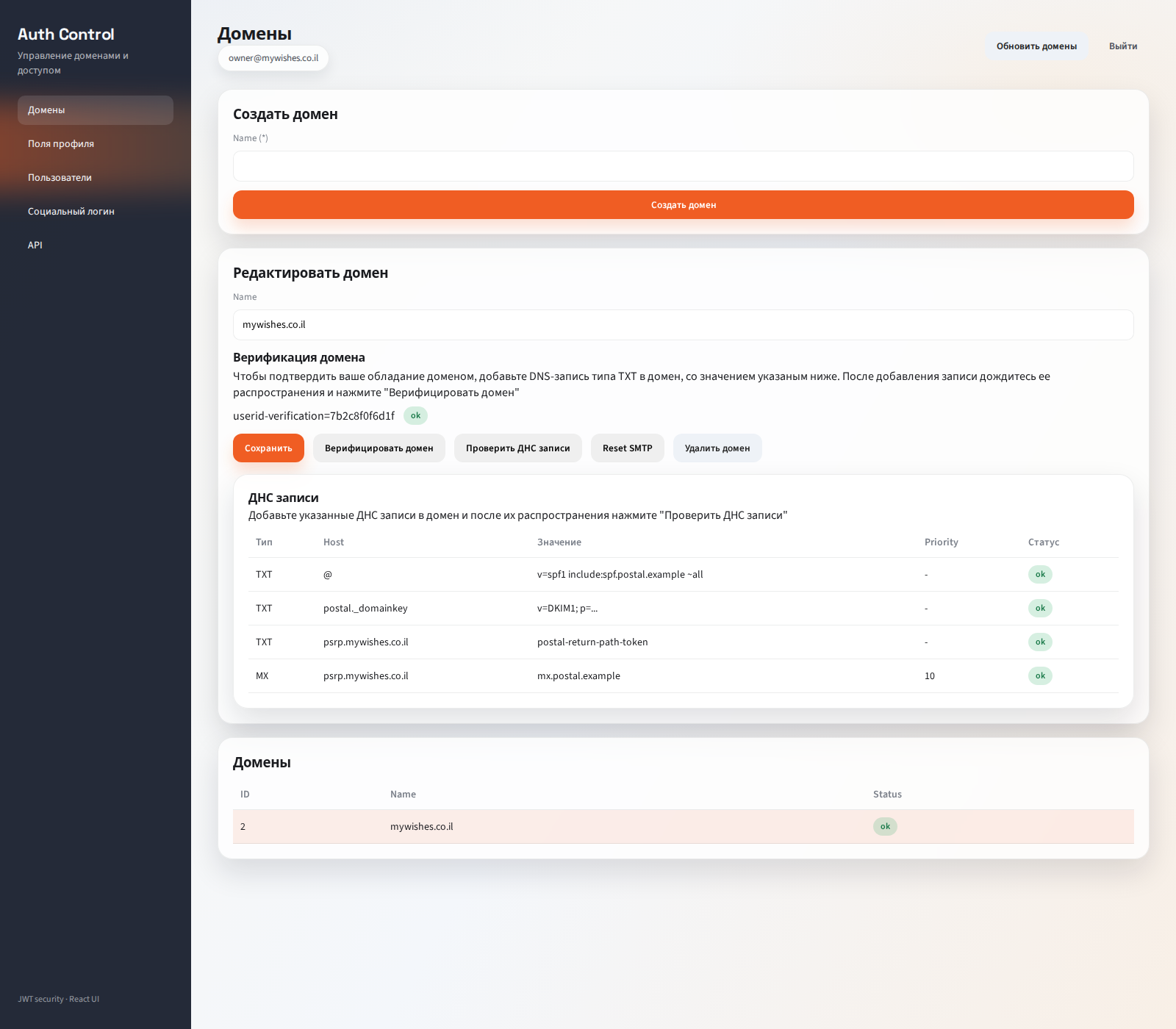 Рабочее пространство владельца домена